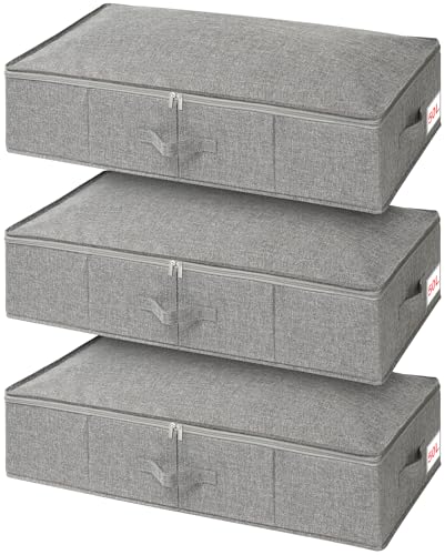 Unterbett-Aufbewahrungsbox mit Deckel, 3 Stück, Unterbettkommode mit Seiten- und Bodenunterstützung und 3 Griffen, große, faltbare Stoff-Kleideraufbewahrungsboxen mit Reißverschluss für Bettdecken von Huquter