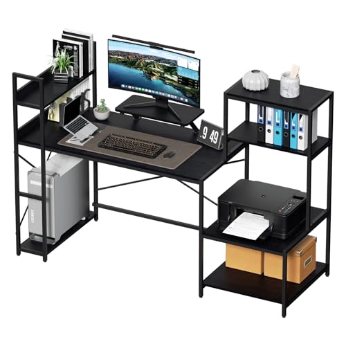 Huracan Schreibtische computertisch mit Regale, Schreibtisch Großer mit Stauraum, Bürotisch PC Ecktisch Holz mit Monitorhalter, Computer Corner Desk Gaming Tisch, Study Office Table, Ebenholzschwarz von Huracan