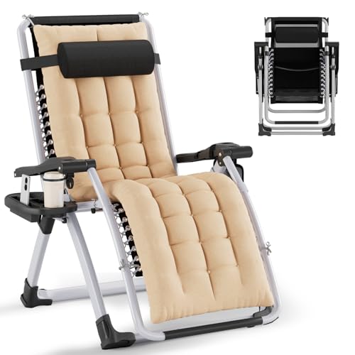 Huracan Sonnenliege Liegestuhl Klappbar & Wetterfest, Extra Breit Gartenstuhl Belastbar 200kg, Ergonomisches Relaxliege Verstellbare Rückenlehne, Gartenliege mit Nackenkissen & Getränkehalter, Beige von Huracan