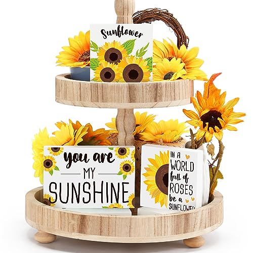 Huray Rayho 3 x Sonnenblumen-Etagen-Holzschilder, Sommer-Herbst-Dekoration, Sonnenblumen-Bauernhaus-Dekor, von Rae Dunn inspiriert, rustikale Mini-Holz-Küchenschilder, Hello Sunshine Decor von Huray Rayho