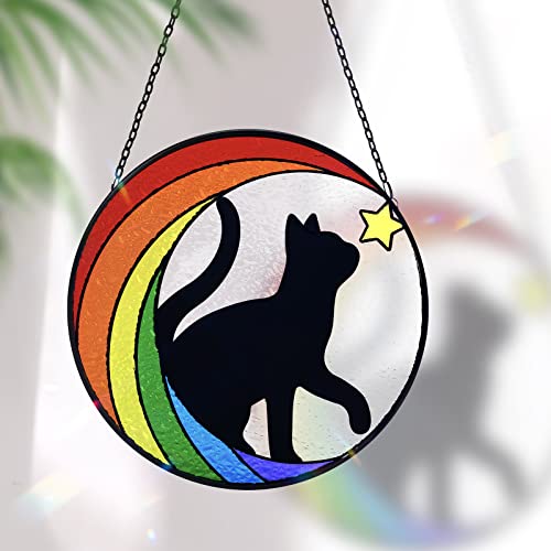 Huray Rayho Katzen-Gedenkgeschenk Buntglasfenster zum Aufhängen Regenbogenbrücken Sonnenfänger für Katzenliebhaber Haustierverlust Geschenk doppelseitige Glasscheibe Dekor von Huray Rayho