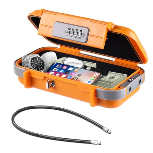 Hurinan Tragbarer Safe mit Code, [Wasserdicht Anti-Diebstahl] Reisesafe Kombinations sicherheitskoffer Schlossbox mit abnehmbarem Drahtseil, für Strand, Hotel, Büro, Urlaub (Orange) von Hurinan