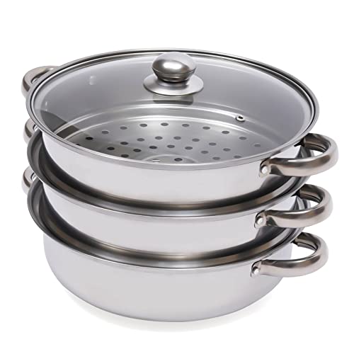 3 Schichten Dampfmaschine Edelstahl 32,5 x 25cm mit Glasabdeckung und Topf Küchenutensilien Stapelbar Haushaltsdampfmaschine Geeignet für Gas, Elektrizität usw. von Hurrylying