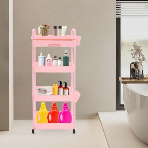 Hurrylying 4-Stufiger Rollwage,Multifunktionswagen mit Einer Schublade,Mobiler Prozesswagen KüChe Nutzfahrzeuge,mit Kunststoffpalette und Absperrbaren RäDern, KüChe, Badezimmer, BüRo Weiß Rosa (Rosa) von Hurrylying