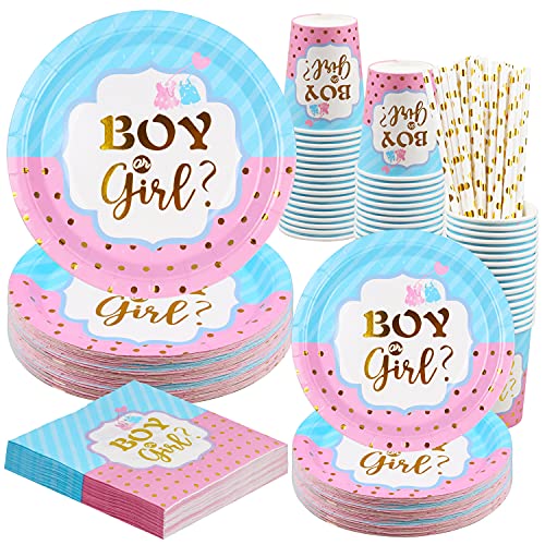 HusDow 100 Stück Baby Shower Gender Reveal Pappteller,20 Gäste Gender Reveal Partygeschirr Pappbecher Servietten Papier Strohhalme für Babyparty von HusDow