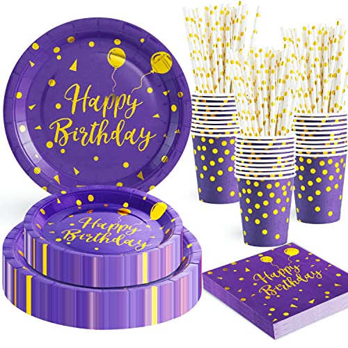 HusDow 120 Stück Pappteller Kindergeburtstag Lila Gold, 24 Gäste Partygeschirr Kindergeburtstag Violett Pappteller Happy Birthday Servietten Papier Strohhalme für Geburtstagsdeko von HusDow