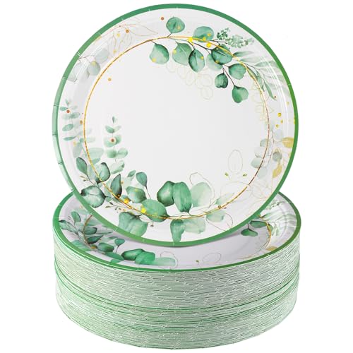 Hushee 200 Stück 22,9 cm Salbeigrün Pappteller Eukalyptus Einwegteller Grüne Blätter Pappteller Dekoratives Geschirr für Babyparty Brautdusche Hochzeit Geburtstag Party Supplies von Hushee