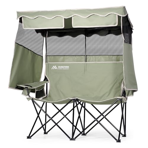Huskfirm Doppelter Campingstuhl mit Schattenüberdachung, Klappstuhl mit Baldachin, tragbarer Strandstuhl, übergroßer Campingstuhl mit zwei Getränkehaltern für Camping, Strand, Angeln von Huskfirm