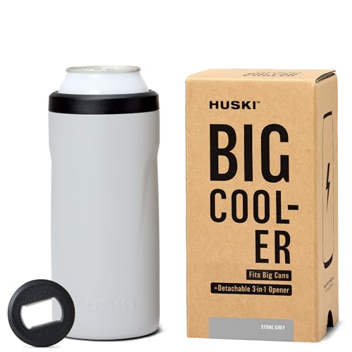 Huski Großer Dosenkühler, 440 ml und 500 ml, Bier- und Energy-Getränkekühler mit abnehmbarem 3-in-1-Öffner, dreifach isoliert, hält Dosen bis zu 10 x kälter, dient auch als Becher (Steingrau) von Huski
