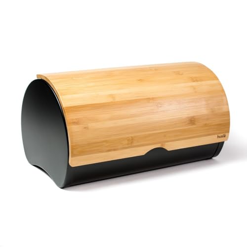 Husla 73945 Bread Bin, Bamboo Wood/Metal, Modern, Food Safe, Black von Husla