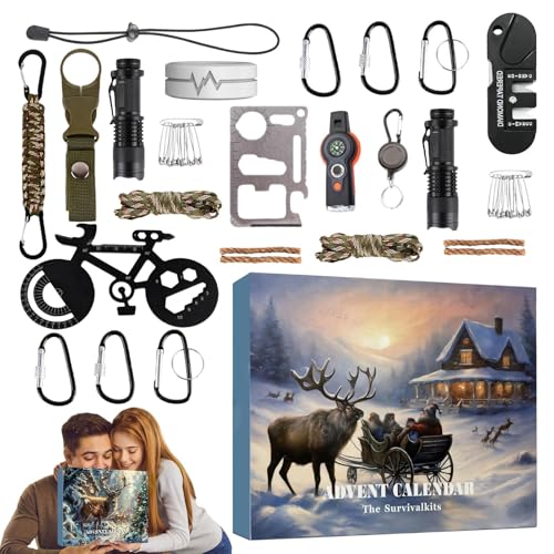 Husoiuy Adventskalender Für Survival-Kits 2024 | 24 Tage Survival-Gadgets Weihnachts-Countdown-Kalender - Survival-Kit-Countdown-Kalender Für Wandern, Camping, Rucksackreisen von Husoiuy