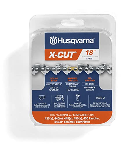 Husqvarna X-Cut SP33G 45,7 cm Kettensägekette, 825,5 cm Teilung, 127 cm Gauge, 72 Treibglieder, vorgedehntes Kettensägeblatt, Ersatz mit hervorragender Schmierung und geringem Rückschlag, Grau von Husqvarna