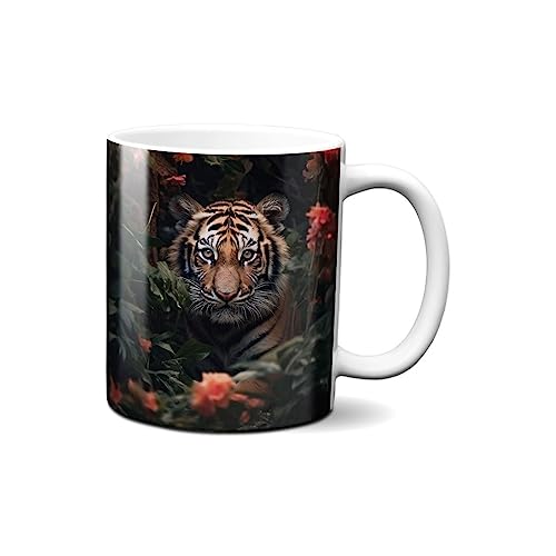 Hustling Sharks® Tasse Tier - Tiger mit Rosen - Geschenk Kaffeetasse - 330ml Spülmaschinenfest, Keramik - weiß, Tassen mit Tiermotiv, Inspirierendes Bild, Tasse Büro, Tasse Tiger von Hustling Sharks