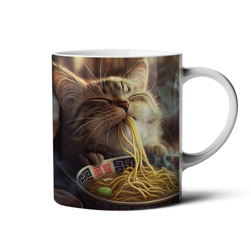 Hustling Sharks® Tasse mit Motiv - Hungrige Katze - 330ml Spülmaschinenfest, Keramik - weiß, Katze, Essen, Genuß von Hustling Sharks