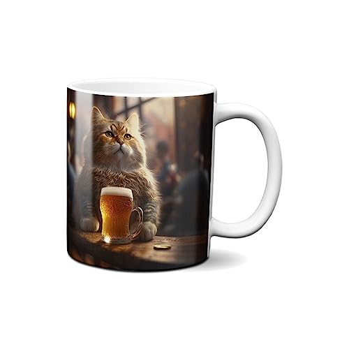 Hustling Sharks® Tasse mit Tier - Durstige Katze - Geschenk Kaffeetasse - 330ml Spülmaschinenfest, Keramik - weiß, Tassen mit Tiermotiv, Tasse Witzig, Tasse Büro, Tasse Katze von Hustling Sharks