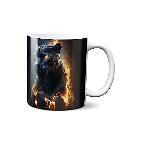 Hustling Sharks® Tasse mit Tier - Feuriger Panther - Geschenk Kaffeetasse - 330ml Spülmaschinenfest, Keramik - weiß, Tassen mit Tiermotiv, Tasse Motivation, Tasse Büro, Tasse Panther von Hustling Sharks