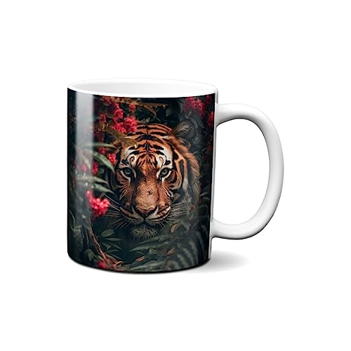 Hustling Sharks® Tasse mit Tier - Tiger in Blumen - Geschenk Kaffeetasse - 330ml Spülmaschinenfest, Keramik - weiß, Tassen mit Tiermotiv, Tasse Motivation, Tasse Büro, Tasse Tiger von Hustling Sharks