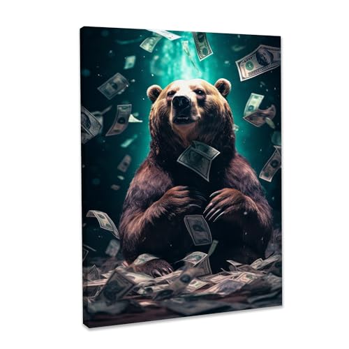 Hustling Sharks® Tierbilder auf Leinwand als XXL Wandbild Bear Money- Tierbilder im Hochformat, Bär Bild, Wandbild Tiere, Bär Leinwand, Bilder Deko Wohnzimmer, Bilder Deko Wand von Hustling Sharks