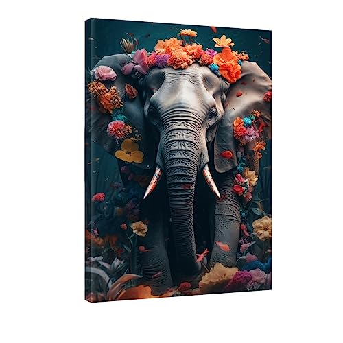 Hustling Sharks® Tierbilder auf Leinwand als XXL Wandbild Elephant mit Blumen - Leinwandbilder im Hochformat, Wandbild Tiere, Elephant Bild, KI Bild (60x90 cm) von Hustling Sharks