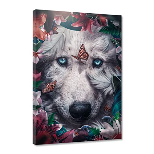 Hustling Sharks® Tierbilder auf Leinwand als XXL Wandbild Floral Wolf - Leinwandbild im Hochformat (30x45cm), Wandbild Tiere, Wandbild Schlafzimmer, Bilder Deko Wohnzimmer, Wolf Bilder, Wölfe von Hustling Sharks