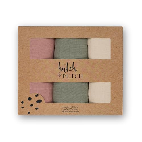 hutch&putch 3er Set Mulltuch einfarbig 100% Bio-Baumwolle 120x120cm - Pucktuch Baby - Musselin Wickeltuch - Kuscheltuch - Geschenk zur Geburt… (Rosa/Salbeigrün/Cremeweiß) von Hutch & Putch