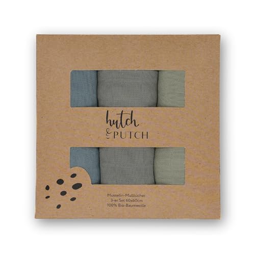 hutch&putch 3er Set Mulltuch einfarbig 100% Bio-Baumwolle 60x60cm - Pucktuch Baby - Musselin Wickeltuch - Kuscheltuch - Geschenk zur Geburt (Graublau/Anthrazit/Salbeigrün) von Hutch & Putch