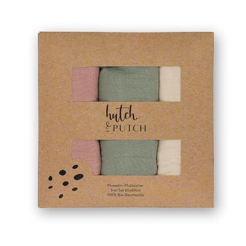 hutch&putch 3er Set Mulltuch einfarbig 100% Bio-Baumwolle 60x60cm - Pucktuch Baby - Musselin Wickeltuch - Kuscheltuch - Geschenk zur Geburt (Rosa/Salbeigrün/Cremeweiß) von Hutch & Putch
