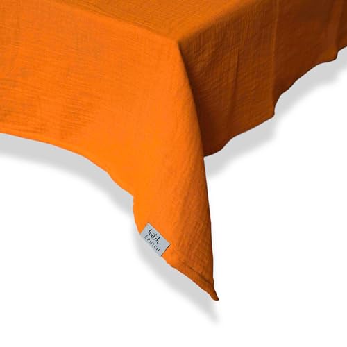 hutch&putch Premium Musselin-Tischdecke Angelina Pumpkin Spice - Tischdecke aus 100% Musselin Bio-Baumwolle - Boho Deko Tischdeke aus Musselin - Hochzeitstischdecke bügelfrei (135x135 cm) von Hutch & Putch