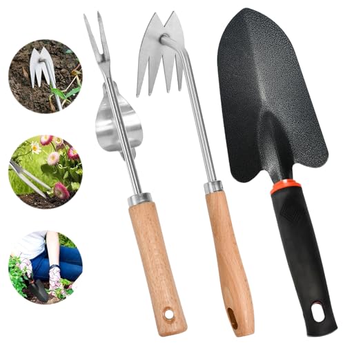 3er Set Unkrautstecher Edelstahl, Wurzeljäter mit Holzgriff, Unkraut Entferner Gerät Edelstahl, Blumenkelle Länge 30 cm, Unkrautjäter Unkrautzieher Wurzelstecher Entferner Gerät Unkraut Stecher Harke von Huucozn