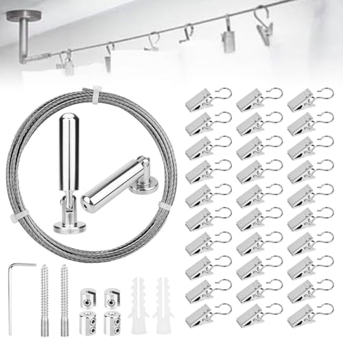 Huucozn 5m Wandhalterung Set mit 30 Stück Metall Clips Haken Einstellbar Stahlseil Gardinenseil Edelstahl Vorhangdraht Gardine Stahlseil für Vorhang Wäscheleine Spanndraht Foto-Draht Duschvorhänge von Huucozn