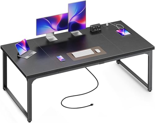 Huuger 63 x 31,5 Zoll Schreibtisch mit Steckdosen & USB-C, 3,1 cm dickerer Desktop, robuste Metallrohre, tiefer Computertisch, robuster Büro-Arbeitstisch, für Heimbüro, Schwarz von Huuger