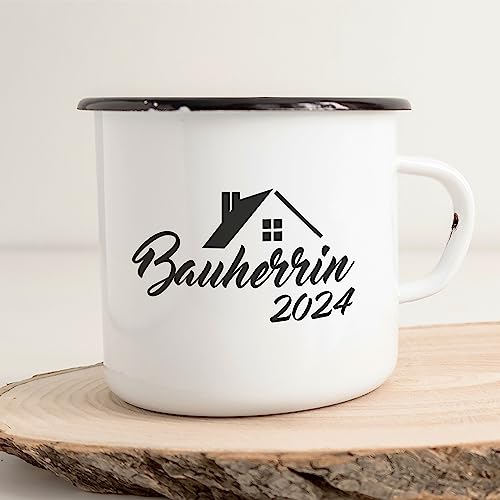 Huuraa Emaille Tasse Bauherrin 2024 Haus 300ml Vintage Kaffeetasse mit Motiv für Bauherren von Huuraa