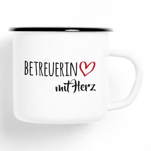 Huuraa Emaille Tasse Betreuerin mit Herz 300ml Vintage Kaffeetasse mit Motiv für die tollsten Menschen von Huuraa