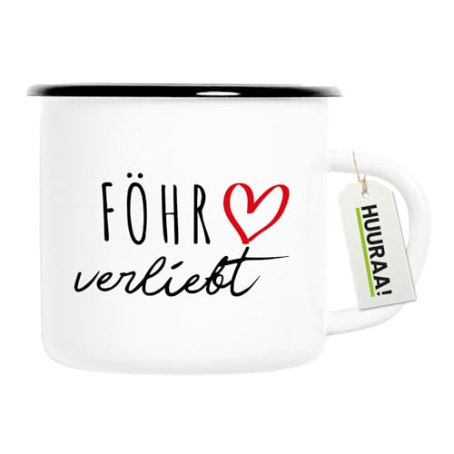 Huuraa Emaille Tasse Föhr verliebt 300ml Vintage Kaffeetasse mit Namen deiner Lieblingsinsel von Huuraa