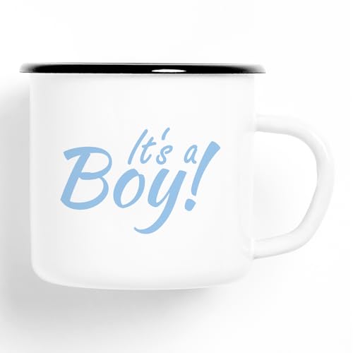 Huuraa Emaille Tasse It`s a Boy! Schriftzug 300ml Vintage Kaffeetasse mit Motiv für alle Eltern von Huuraa