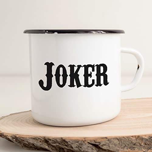 Huuraa Emaille Tasse Joker Schriftzug 300ml Vintage Kaffeetasse mit Motiv für alle Spieler von Huuraa