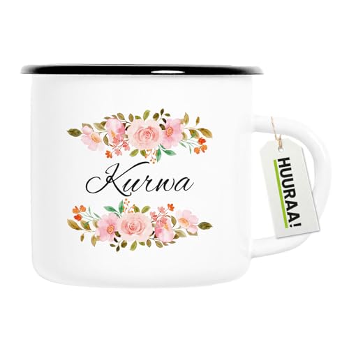 Huuraa Emaille Tasse Kurwa polnisch Blumen Geschenk 300ml Vintage Emaille Becher Kurwa Geschenkidee von Huuraa