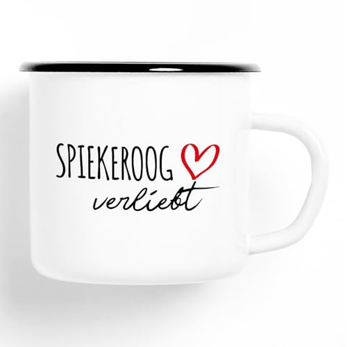 Huuraa Emaille Tasse Spiekeroog verliebt 300ml Vintage Kaffeetasse mit Namen deiner Lieblingsinsel von Huuraa