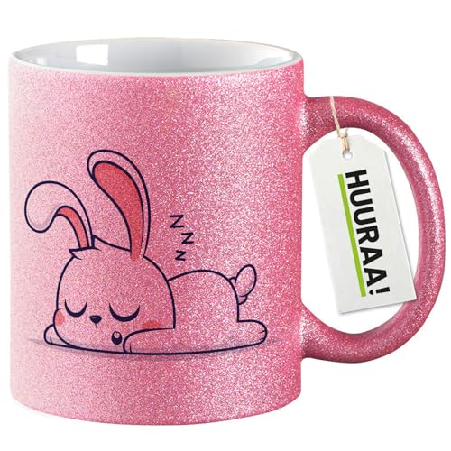 Huuraa Glitzer Kaffeebecher Hase Comic Geschenk 330ml Pink Hase Mitbringsel von Huuraa