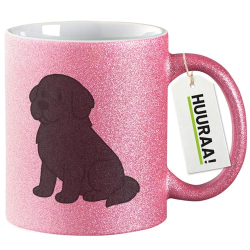Huuraa Glitzer Kaffeebecher Neufundländer Comic Neufi Geschenk 330ml Pink Neufundländer Mitbringsel von Huuraa