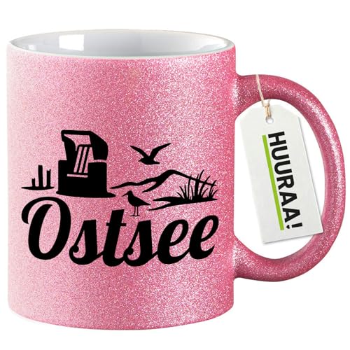 Huuraa Glitzer Kaffeebecher Ostsee Strandmotiv Geschenk 330ml Pink Ostsee Mitbringsel von Huuraa