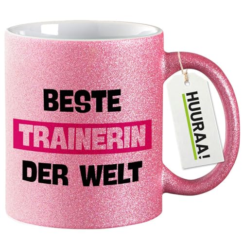 Huuraa Glitzer Kaffeebecher Beste Trainerin der Welt Geschenk 330ml Pink Beste Trainerin Mitbringsel von Huuraa