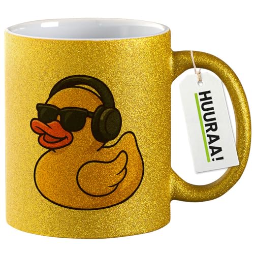 Huuraa Glitzer Kaffeetasse Quietscheente DJ Gummiente Club-DJ Geschenk 330ml Gold Quietscheente DJ Geschenkidee von Huuraa