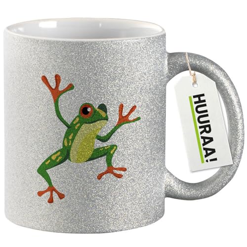 Huuraa Glitzer Tasse Frosch Comic Geschenk 330ml Silber Frosch Präsent von Huuraa
