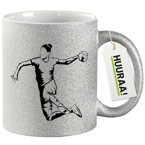 Huuraa Glitzer Tasse Handball Silhouette Geschenk 330ml Silber Handball Präsent von Huuraa