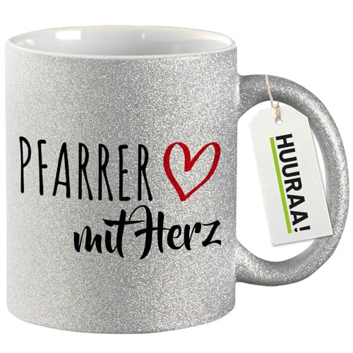 Huuraa Glitzer Tasse Pfarrer mit Herz Geschenk 330ml Silber Pfarrer Präsent von Huuraa