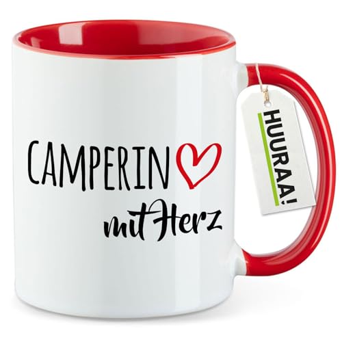 Huuraa Teetasse Camperin mit Herz Geschenk 330ml Rot Camperin Präsent von Huuraa