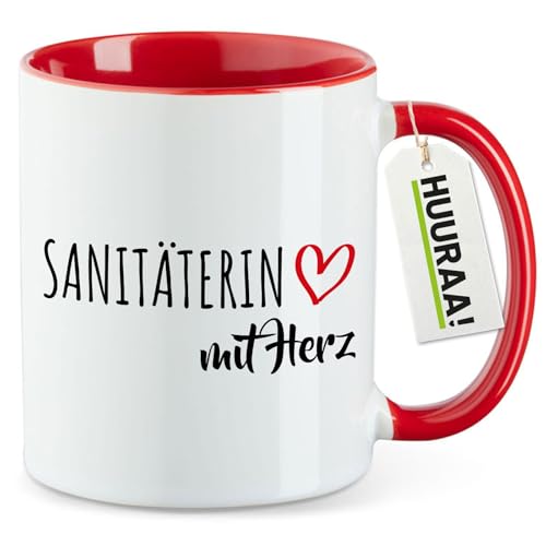 Huuraa Teetasse Sanitäterin mit Herz Geschenk 330ml Rot Sanitäterin Präsent von Huuraa