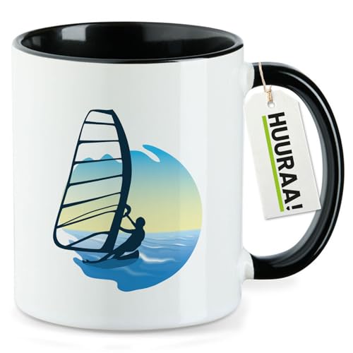 Huuraa Kaffeetasse Windsurfer Surfen Geschenk 330ml Schwarz Windsurfer Präsent von Huuraa