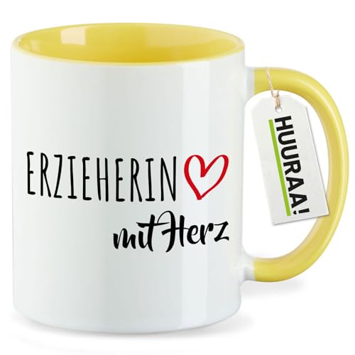 Huuraa Keramiktasse Erzieherin mit Herz Geschenk 330ml Gelb Erzieherin Überraschung von Huuraa